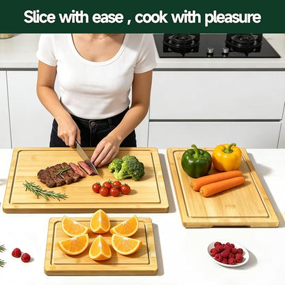 3-Piece Set Bamboo Cutting Board for Kitchen - Crack-Resistant Wood Chopping Boards with Deep Juice Grooves, Pre-Oiled Butcher Block for Meat, Vegetables & Cheese, Natural