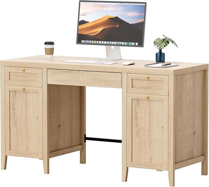 52" Executive Desk with Storage Drawer, Farmhouse Home Office Desk with Storage Cabinet Wood Computer Writing Desk for Study Office, Light Oak