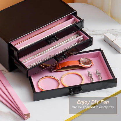 YUFONG Necklace Holder Organizer, Dustproof Necklace Box Velvet Necklace Organizer Box with Lid Clear Acrylic Dustproof Stackable Jewelry Displays for Necklaces Chain Display (Black Pink, 5 Drawer)