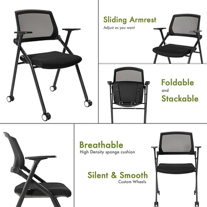 Folding Conference Room Chairs Set of 2 Black Guest Reception Chair for Office, Waiting Room, Meeting, Lobby, Church