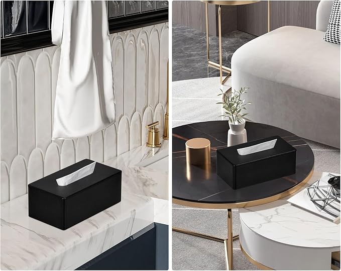 GOLRANLYE Tissue Box Cover Rectangular 9.8"(L) x 5.3"(W) x 4.3"(H) Refined Modern PU Leather Facial Tissue Dispenser Box Holder for Dresser Bathroom Decorative (Black)