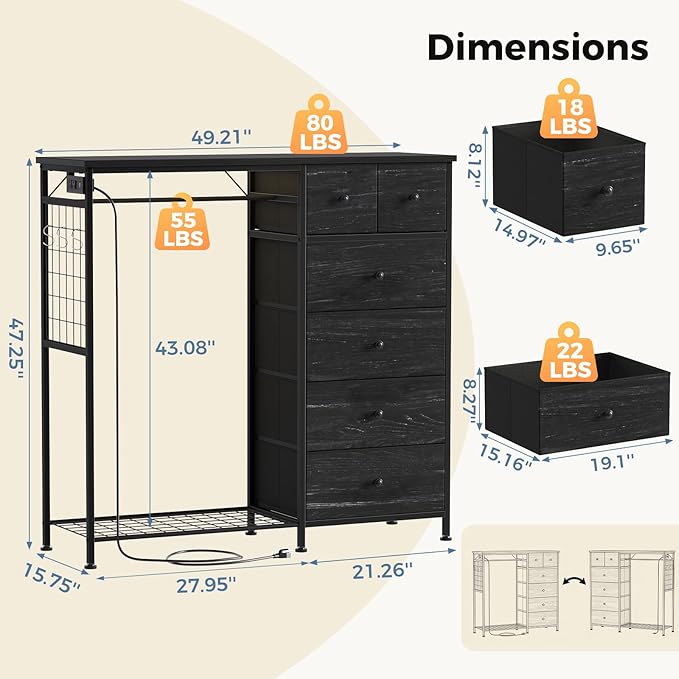 OLIXIS 6 Storage for Bedroom with Hanging Rack with LED Lights & Charging Station, Fabric Chest of Storage with Rack, Wooden Top, for Home Living Room Entryway Black Wood Grain