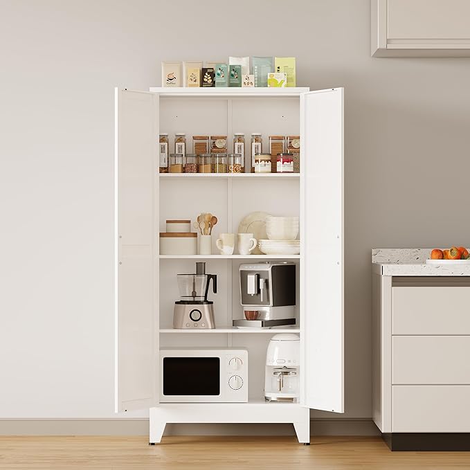 COFaR Farmhouse Kitchen Pantry Cabinet, 61 in Tall Metal Storage Cabinet with 3 Adjustable Shelves and 2 Barn Doors, Freestanding Cupboard for Garage Kitchen Office Bathroom Laundry, White 4 Tiers