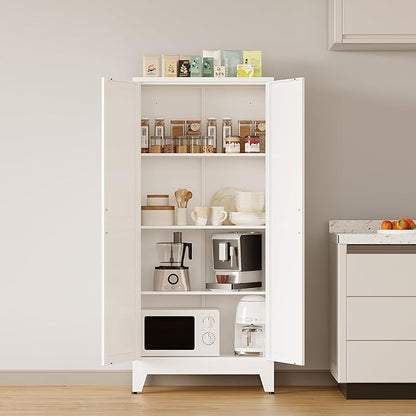 COFaR Farmhouse Kitchen Pantry Cabinet, 61 in Tall Metal Storage Cabinet with 3 Adjustable Shelves and 2 Barn Doors, Freestanding Cupboard for Garage Kitchen Office Bathroom Laundry, White 4 Tiers