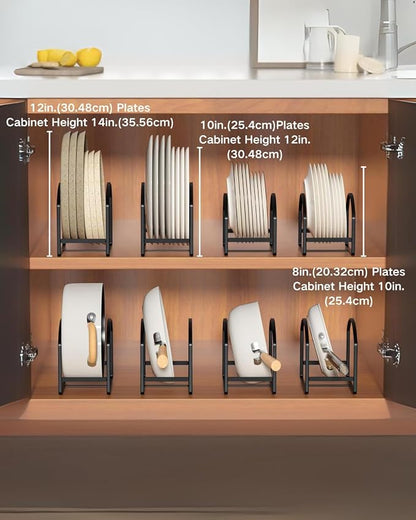 4 Pack Kitchen Plate Holder Organizer for Cabinet Space Saver Dinner Dish Plate Storage Rack Upright Dish Drying Racks Metal Dish Racks Stand for Cupboard and Countertop 2 Large 2 Small Black