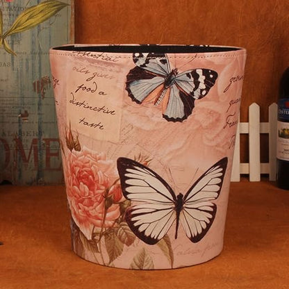 10L/2.64 Gallon Trash Can, Decorative Waste Basket, PU Leather Waste Paper Basket, Waterproof Garbage Can for Bathroom, Bedroom, Office, Kitchen and Living Room - Butterfly and Rose