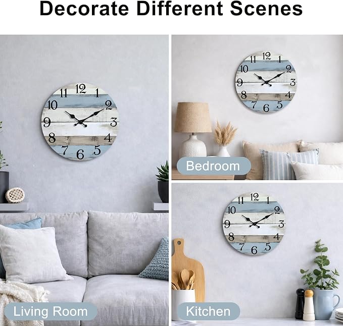 JoFomp 10 Inch Wooden Wall Clocks Battery Operated, Silent Wall Clock Non Ticking, Coastal Country Design Rustic Wall Clocks for Living Room Decor, Small Wall Clock for Bedroom Kitchen Bathroom