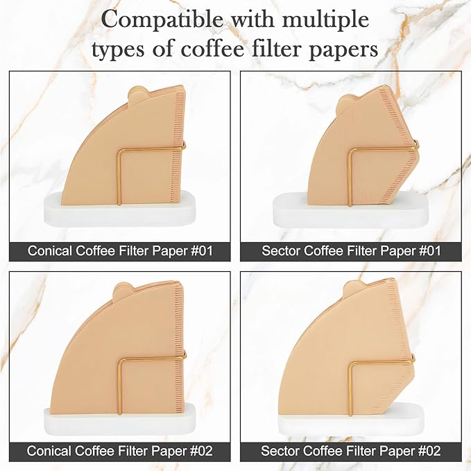 2-Pack Coffee Filter Holder & Napkin Holder Set,Coffee Filter Holders for Counter Compatible with Cone Paper Filters Size #01/#02/#04,Thick and Heavy & Anti-slip (White,Gold)