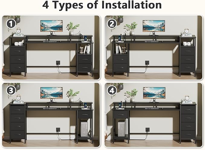 61 Inch Computer Gaming Desk with Power Outlets & LED Lights Reversible Home Office Desk with Adjustable 5 Fabric Storage Drawers for Working Writing Study, Black