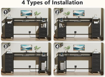 61 Inch Computer Gaming Desk with Power Outlets & LED Lights Reversible Home Office Desk with Adjustable 5 Fabric Storage Drawers for Working Writing Study, Black