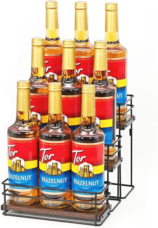 9 Bottle Coffee Syrup Organizer Rack, 3 Tier Coffee Syrup Bottle Stand Holder for Coffee Bar, Installation-free, Liquor Bottle Display Shelf, Coffee Syrup Shelf for Liquor Whiskey Wine Display