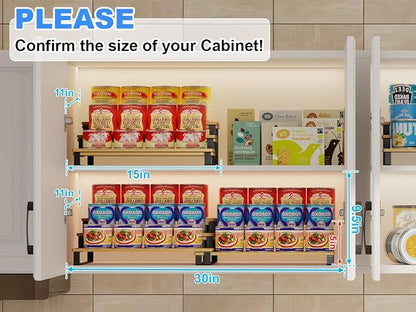 Expandable Bamboo & Iron Can Organizer, 3-Tier Adjustable Pantry Can Rack, Kitchen Cabinet Food Storage Shelf, Easy Access Canned Goods Soda Soup Can Holder, Hold Up to 30 Cans, Black