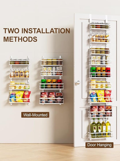 Delamu 9-Tier Over the Door Pantry Organizer, Adjustable Pantry Door Organizers and Storage, Metal Hanging Basket Wall Spice Rack Seasoning Organizer, Door Organizer Kitchen Bedroom Bathroom,12"White
