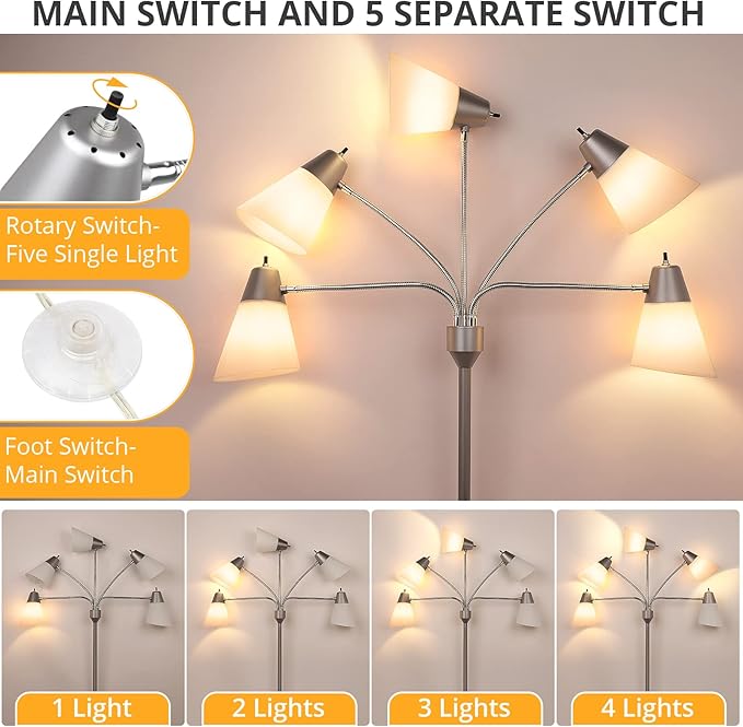 FOLKSMATE LED Floor Lamp, Medusa Multi-Head Modern Tall Standing Lamps, Adjustable Corner Reading Floor Light for Living Room, Bedroom, Kid Room, Classroom, Colored Lampshades, Silver Grey