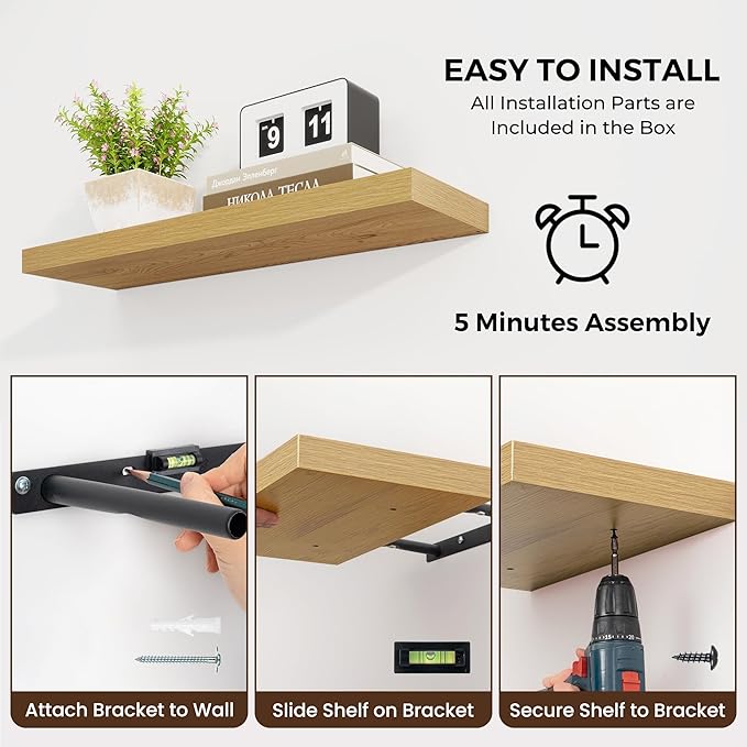 Dreamland 24 inch Floating Shelves Long Floating Shelves for Wall Large Wall Mounted Shelves with Invisible Brackets, Oak Shelves for Bathroom, Living Room, Kitchen, Office, 24x6.7 inch deep Set of 2