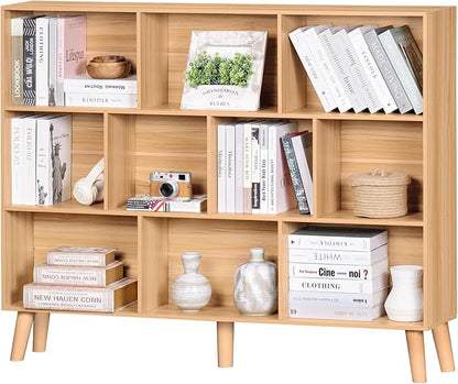 LEYAOYAO 10 Cube Bookshelf,3 Tier 55.12" Wide Boho Bookcase with Legs,Mid-Century Wood Bookshelves Storage,Natural Large Book Case,Freestanding Organizer Display Shelf for Bedroom,Living Room,Office