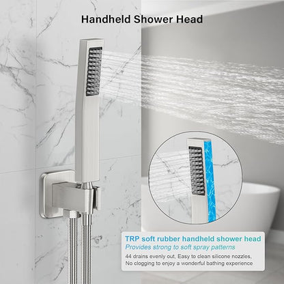 Shower Faucet Set Bathroom Square Rain Shower Head and Handle Set, Wall Mounted Shower Fixtures With Shower Valve and Trim Kit 12 inch Brushed Nickel