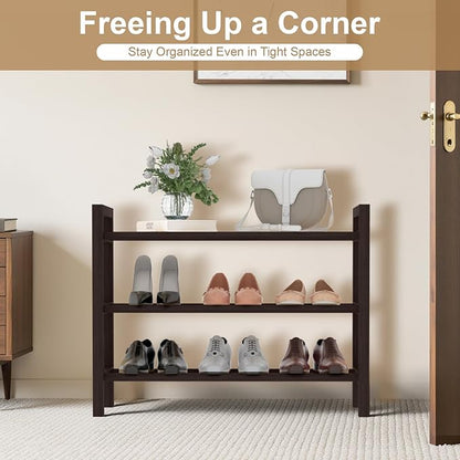 Haddockway Bamboo Shoe Rack for Closet, Free Standing Shoe Organizer with Smooth Round Rods & Convenient Handles, Stackable Shoe Storage Shelf for Entryway, Hallway(Brown, 3-Tier(Small))