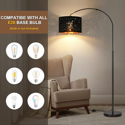 Seaside Village Modern Arc Floor Lamp, Tall Pole Lamp with Black Stars Lampshade, Arched Reading Light with 350Adjustable Lamp Head, Over Couch Hanging Light for Living Room, Bedroom, Office (Black)
