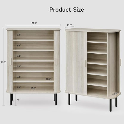 ONBRILL 6-Tier Shoe Cabinet with Sliding Door, Wooden Shoe Storage Cabinet with Adjustable Shelves, Mid-Century Modern Freestanding Shoe Storage Organizer for Entryway, Living Room, Hallway