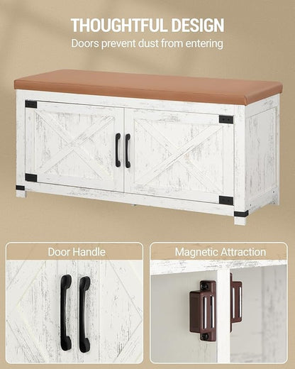 Shoe Storage Bench, 2 Tier Shoe Bench with Padded Seat Cushion & 2 Barn Doors, Entryway Bench with Adjustable Shelf, Farmhouse Shoe Cabinet for Living Room, Bedroom, Antique White SB26614KA