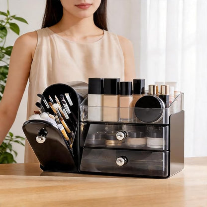 Makeup Organizer with Makeup Brush Holder, Cosmetic Organizer with 2 Drawer for Lipsticks, Perfumes, Eyeshadow Palettes and Nail Polishes (Black)