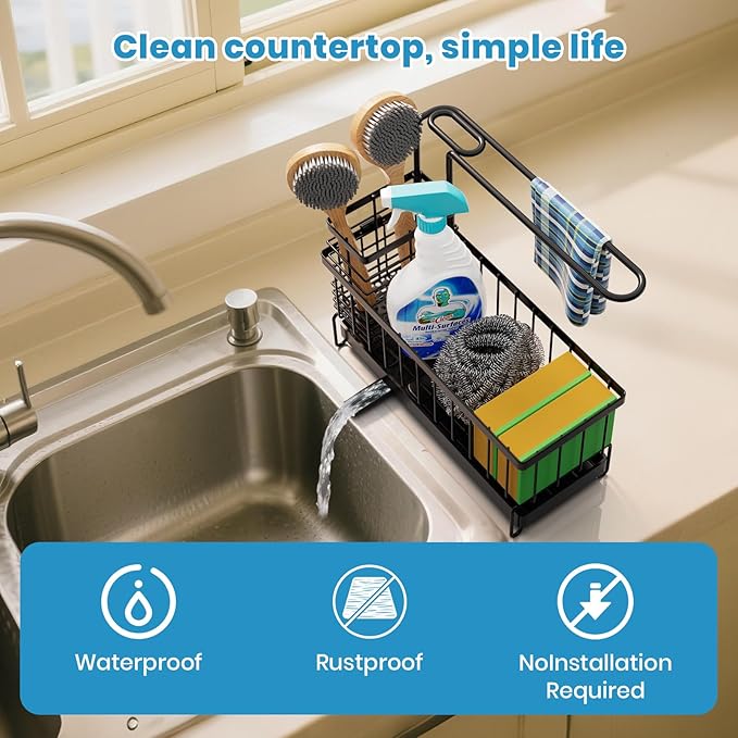 Tell Love Kitchen Sink Caddy, Sponge Holder with Towel Holder, Kitchen Holder for Sink with 360 Degree Rotating Drain, Carbon Steel Rustproof, Kitchen Sink Caddy Sponge Holder for Gadgets and Decor