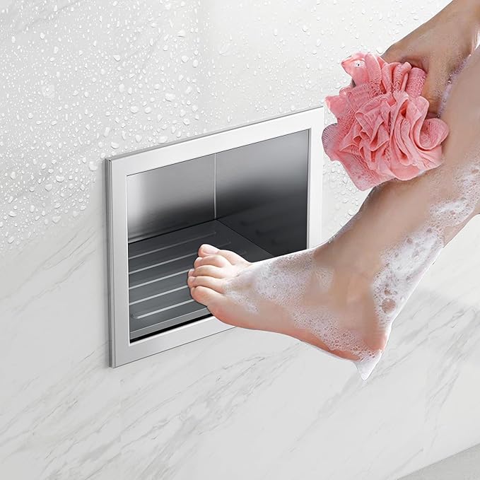 Qeke Shower Foot Rest for Shaving Legs, 304 Stainless Steel Footrest Niche with Shaving Holder, Recessed Shower Niche for Shaving Legs, Brushed Nickel