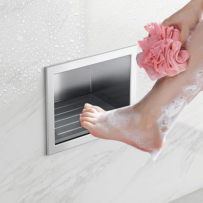 Qeke Shower Foot Rest for Shaving Legs, 304 Stainless Steel Footrest Niche with Shaving Holder, Recessed Shower Niche for Shaving Legs, Brushed Nickel