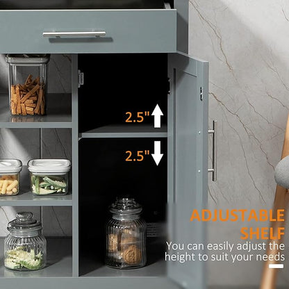 HOMCOM Kitchen Island Cart, Rolling Kitchen Island with Storage Shelf, Solid Wood Top, Drawer, for Dining Room, Gray