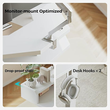 Agilestic L Shaped Standing Desk, Adjustable Height Corner Gaming Desk with Shelf, Sit Stand Up Desk, 63 x 55 Inch Home Office Computer Table, White