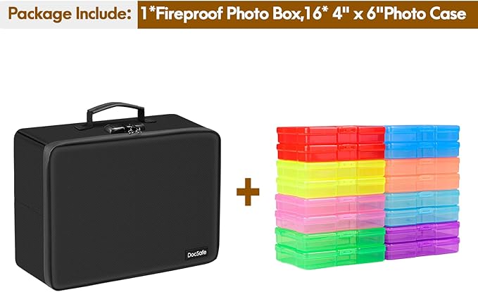 DocSafe Photo Storage Box with Lock,Fireproof Photo Organizer Box with 16 Inner 4" x 6" Photo Case(Multi-Colored),Collapsible Portable Photo Filing Safe Storage with Water-Resistant Zipper for Photos