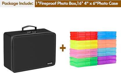 DocSafe Photo Storage Box with Lock,Fireproof Photo Organizer Box with 16 Inner 4" x 6" Photo Case(Multi-Colored),Collapsible Portable Photo Filing Safe Storage with Water-Resistant Zipper for Photos