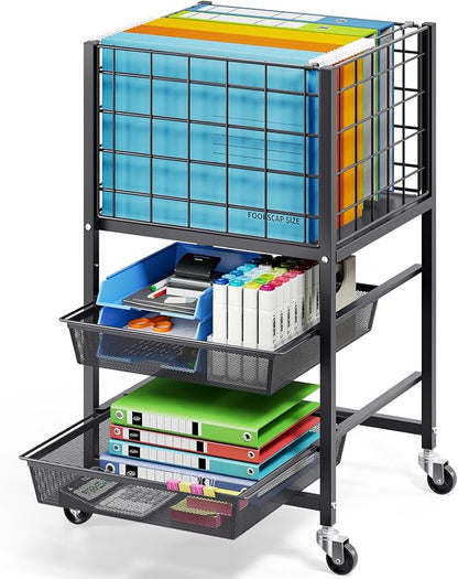 TOOLF Rolling File Cart, 3-Tier Metal File Cabinet with Wheel, Filing Cabinet with 2 Sliding File Trays, Adjustable Hanging File Folder Organizer for Office, Home, Classroom Black