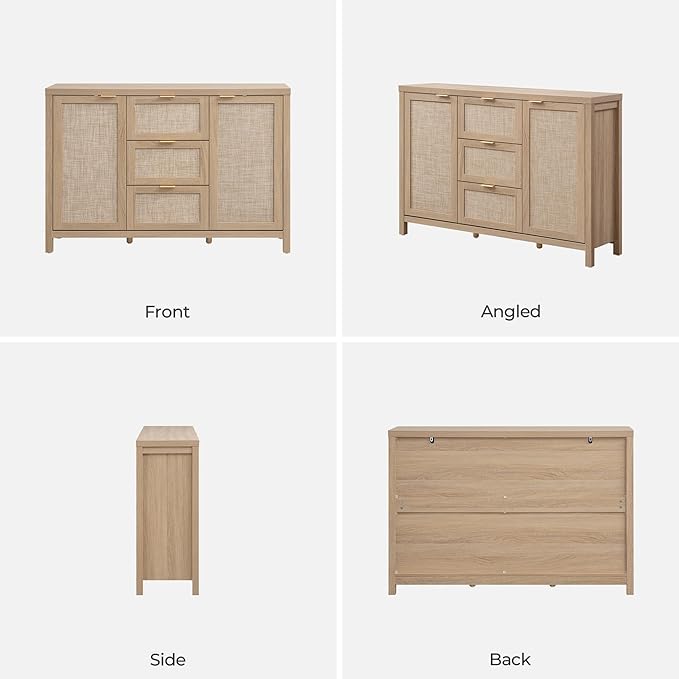 SICOTAS Rattan Large Sideboard Buffet Cabinet with Storage - Boho Coffee Bar Storage Cabinet with 3 Drawers and 2 Doors, Console Table Credenza for Living Room, Kitchen, Hallway, Light Oak (2 Pieces)