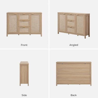 SICOTAS Rattan Large Sideboard Buffet Cabinet with Storage - Boho Coffee Bar Storage Cabinet with 3 Drawers and 2 Doors, Console Table Credenza for Living Room, Kitchen, Hallway, Light Oak (2 Pieces)