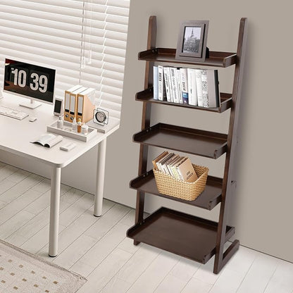 Ladder Bookshelf, 5 Tier Leaning Bookshelf Leaning Ladder Shelf with Stable Structure Rustic Style Ladder Shelves Storage Rack for Living Rooms, Bedrooms, Study Rooms (Walnut-Brown)