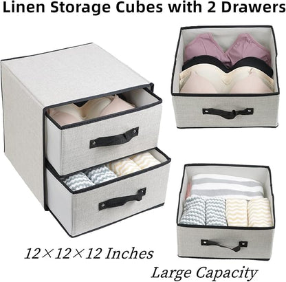 Linen Closet Organizer and Storage, Fabric Storage Drawer Organizer with 2 Drawers for Underwear, Sock, Bra, Small Items - Light Gray