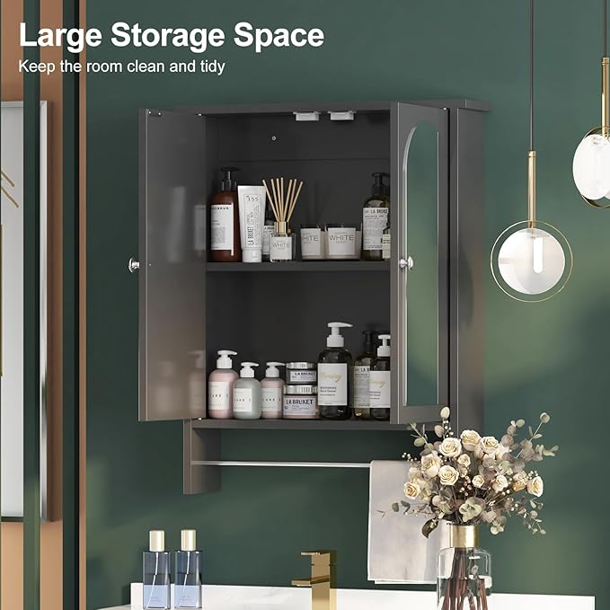 Bathroom Medicine Cabinet Mirror,Arched Bathroom Cabinet with Mirror,Surface Mount Medicine Cabinet Wall Mounted,Mirrored Medicine Cabinets with Towel Bar,Black Wall Cabinet 22x28