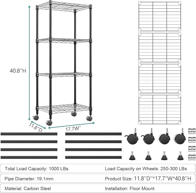 M MZG 4-Shelf Adjustable Heavy Duty Steel Wire Rack, Adjustable Storage Shelving Unit with Wheel for Kitchen, Garage, Laundry Black 11.8" D x 17.7" W x 40.8" H