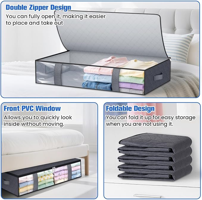 TasticTotes Under Bed Storage Containers, 2 Pack Blanket Storage Bags, Collapsible Storage Bags with Big Zippers, Clear Front, Shoe Storage and Organization for Clothes, Comforter, 75L, Grey