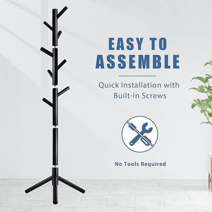 Haddockway Wooden Coat Rack Stand with 8 Hooks New Zealand Pine 3 Adjustable Coat Standing Tree Easy Assembly for Coats, Hats, Scarves and Handbags for Entryway, Hallway, Bedroom, Office,2 PCS