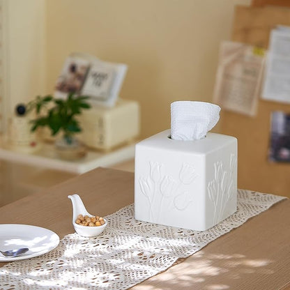 White Ceramic Tulips Tissue Box Cover - Modern Square Decorative Organizer for Facial Tissues, Farmhouse Style Home Decor for Bathroom, Bedroom, Living Room & Office