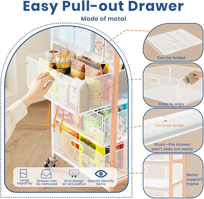 Goovilla Kitchen Cart with Drawers, 4 Tier Metal Rolling Utility Cart Organizer on Lockable Wheels with Wooden Top, White Fruit Vegetable Storage Rack Also for Cans, Snack, Craft, Art, Office, Beauty