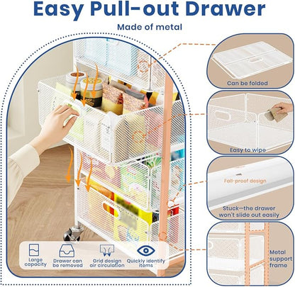 Goovilla Kitchen Cart with Drawers, 4 Tier Metal Rolling Utility Cart Organizer on Lockable Wheels with Wooden Top, White Fruit Vegetable Storage Rack Also for Cans, Snack, Craft, Art, Office, Beauty