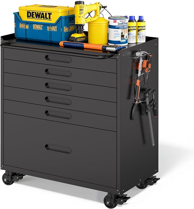 Metal Garage Storage Cabinet with Wheels, Rolling Tool Cabinet with 6 Drawers, Heavy Duty Tool Cabinet with Workbench, Assembly Required, Black