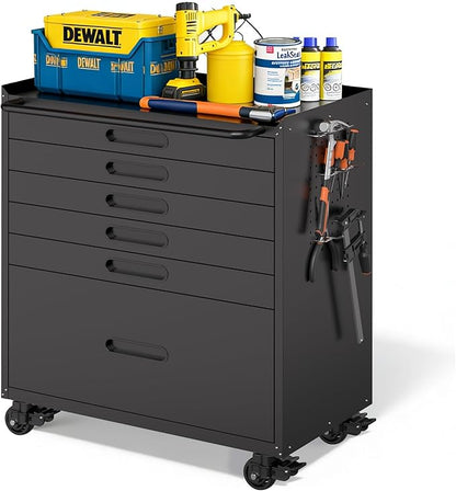 Metal Garage Storage Cabinet with Wheels, Rolling Tool Cabinet with 6 Drawers, Heavy Duty Tool Cabinet with Workbench, Assembly Required, Black