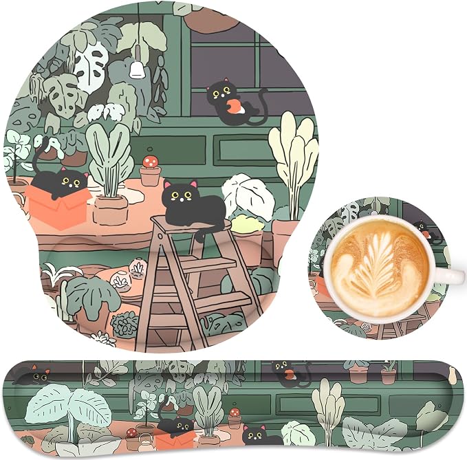 Ergonomic Mouse Pad with Wrist Rest and Keyboard Wrist Rest, Mousepad and Wrist Rest for Computer Keyboard, Pain Relief, Non-Slip Rubber Base, Mouse Pad with Wrist Support for Gaming, Office, Cat