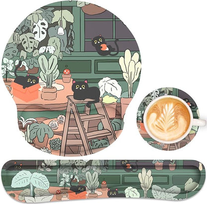 Ergonomic Mouse Pad with Wrist Rest and Keyboard Wrist Rest, Mousepad and Wrist Rest for Computer Keyboard, Pain Relief, Non-Slip Rubber Base, Mouse Pad with Wrist Support for Gaming, Office, Cat