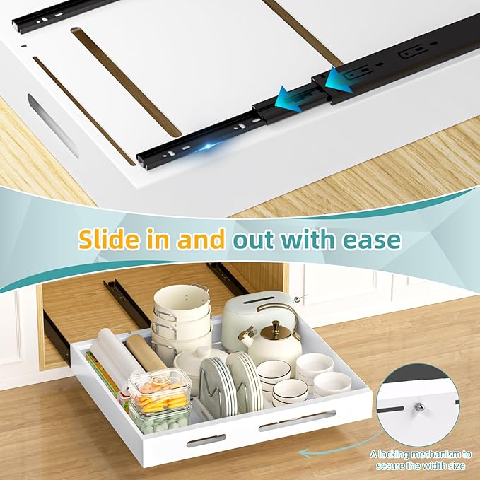 HBL' 1 Pack | 21" Deep Pull Out Cabinet Organizer Adhesive, (13.8" to 22.0") Width Expandable Sturdy Carbon Steel Roll-Out Drawers, Designed for Frameless Cabinets, Slide-Out Shelves for Pantry.